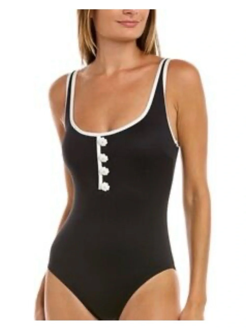 NWOT $200 KATE SPADE Women S Black One-Piece Swimsuit White Trim Button Placket